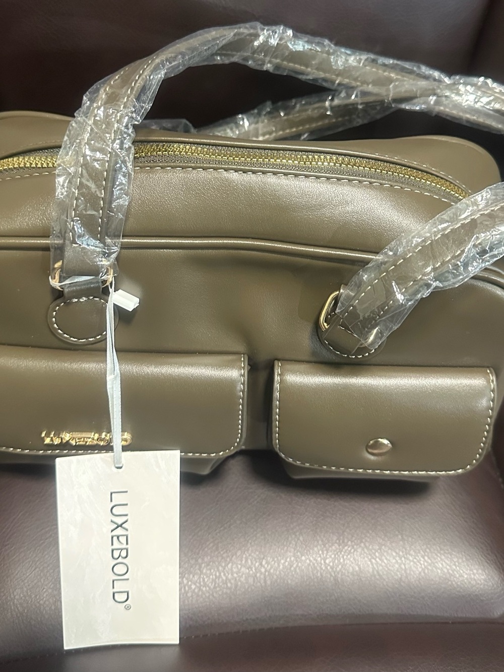 Brown Satchel with Dual Front Pockets and Gold Hardware